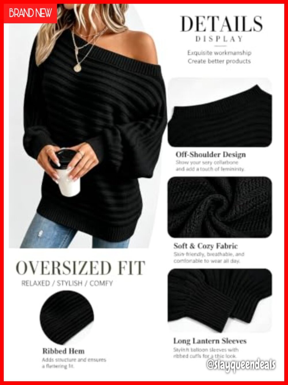 Oversized Off-the-Shoulder Ribbed Knit Pullover Sweater - Picture 2 of 5